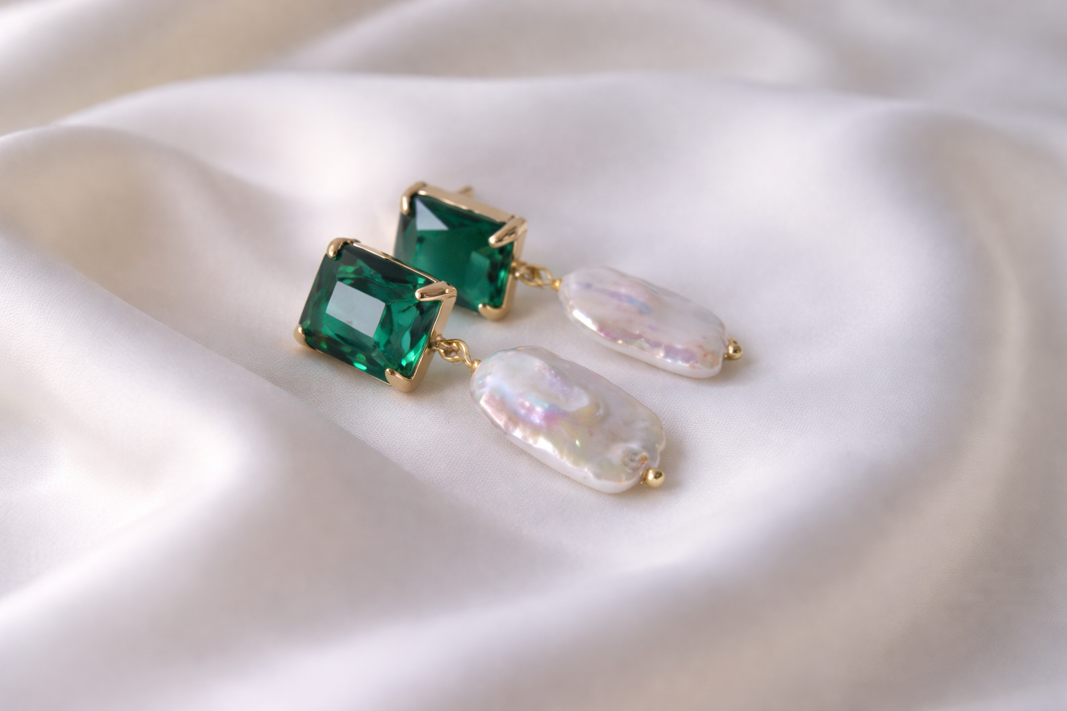 Mini Emerald Pearl Earrings